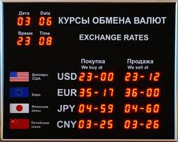 Четырехстрочное красное табло курсов валют с дополнительными датчиками времени и даты.